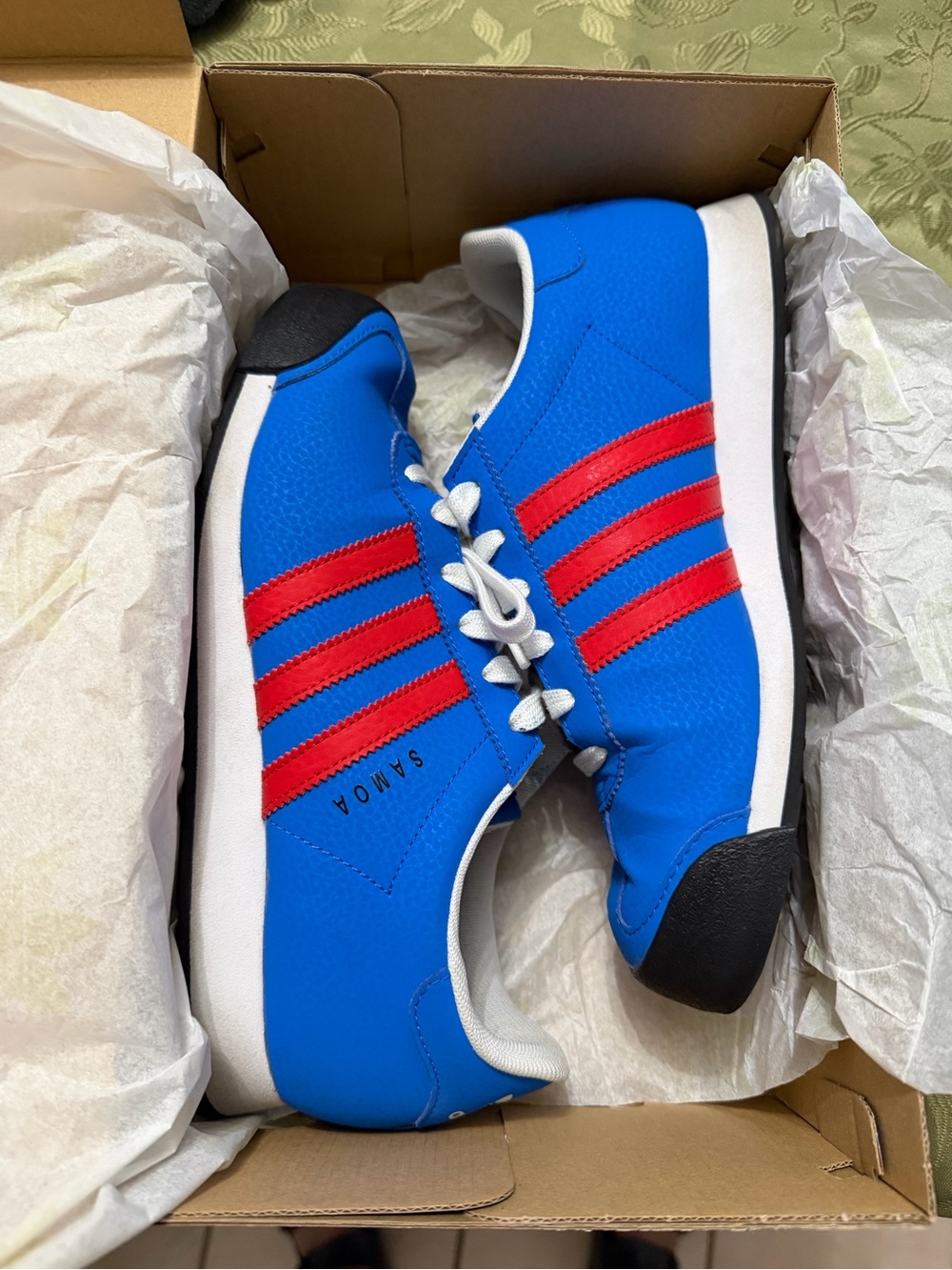 Big Kids Adidas Samoa Blue Sneakers with Red Stripes